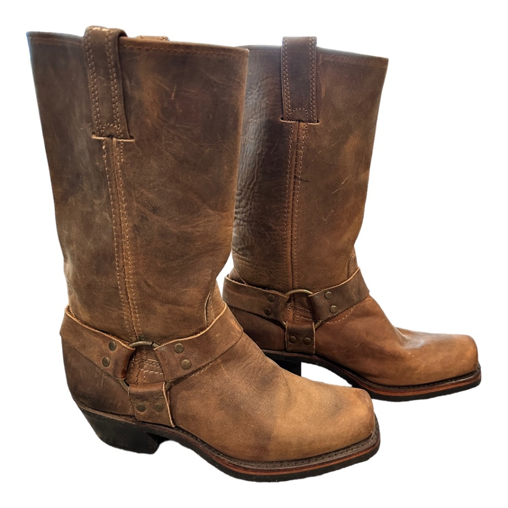 Frye Brown Leather Harness Square Toe Motorcycle Boots Women's Size 8.5